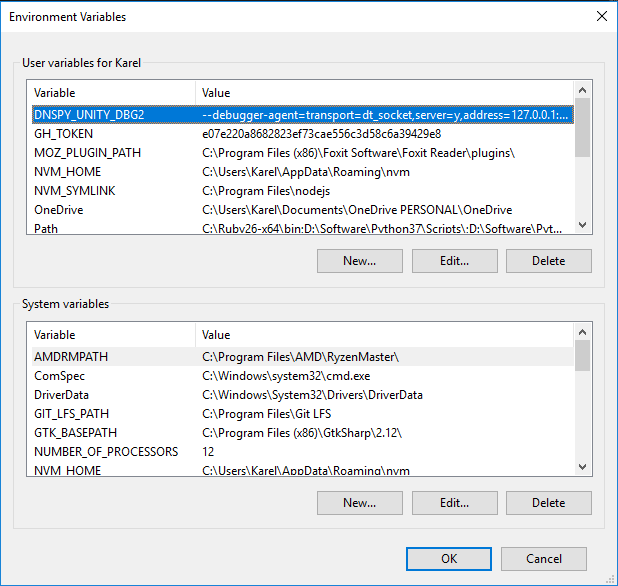 Environment Variables Dialog